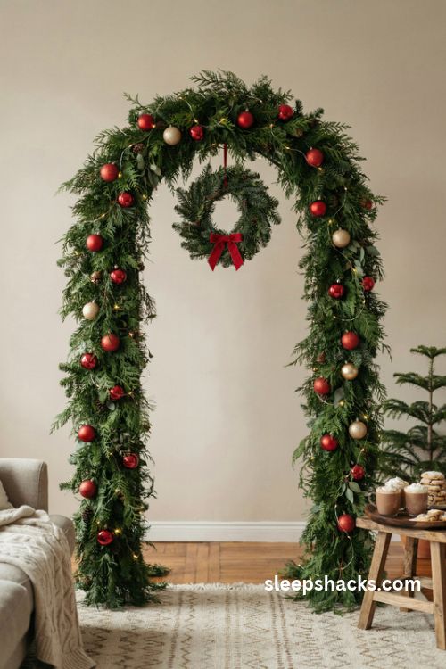 Christmas Photo Backdrop Arch with Evergreen, Red and Gold Ornaments