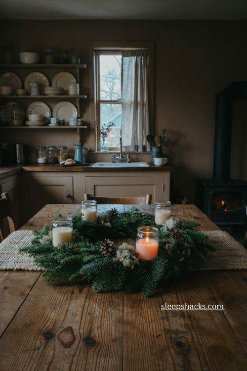 Christmas advent wreath with candles and fresh greenery on a rustic kitchen table