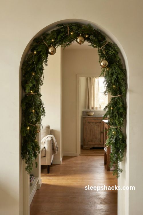 Christmas archway decor indoor with lush green garland and warm white lights