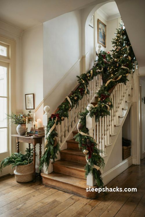 Christmas banister ideas with evergreen garland warm fairy lights and vintage holiday decorations
