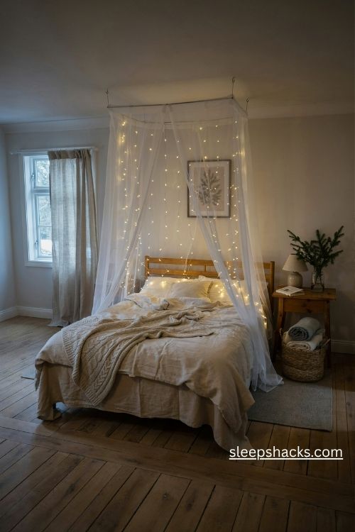 Christmas bed canopy with woven fairy lights and sheer white fabric creating a magical cozy winter retreat