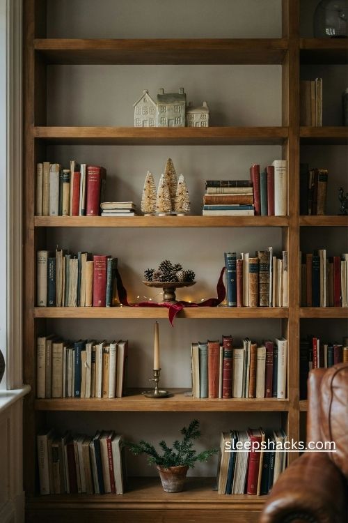 Christmas bookshelf decor with vintage books mini trees velvet ribbon and simple festive accents
