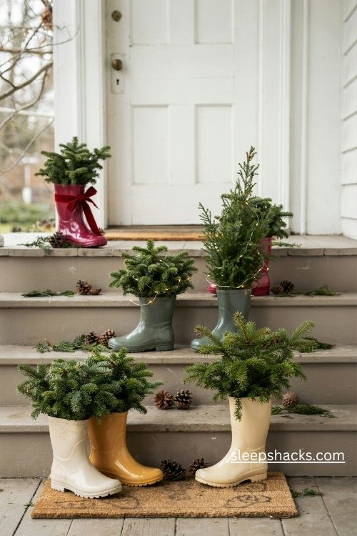 Christmas boot pots with miniature evergreen trees in colorful rubber rain boots on rustic farmhouse porch steps