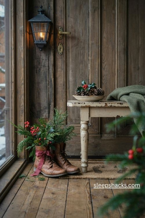 Christmas boots decoration with vintage leather boots filled with pine greenery and red berries on a cozy farmhouse porch