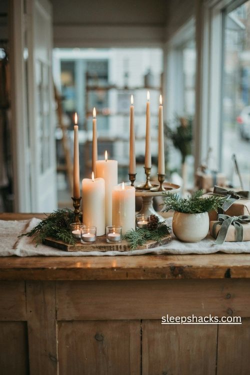 Christmas boutique candle vignette with ivory candles brass holders and greenery