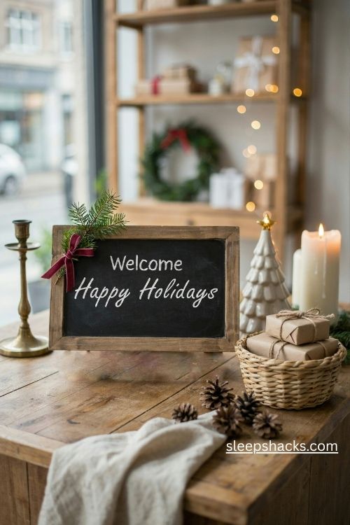 Christmas boutique chalkboard sign with rustic wood frame and festive greenery