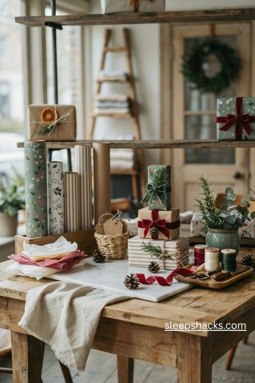Christmas boutique gift wrapping station with ribbons kraft paper and greenery