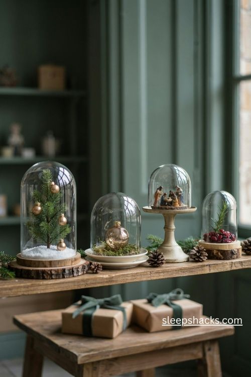 Christmas boutique glass cloche displays with miniature trees and vintage ornaments