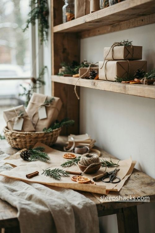 Christmas boutique kraft paper gift wrapping with twine greenery and dried oranges