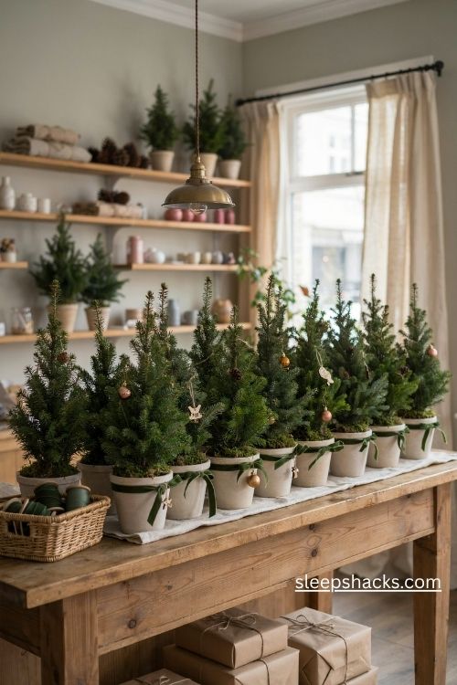 Christmas boutique mini trees in matching ivory pots with velvet ribbons