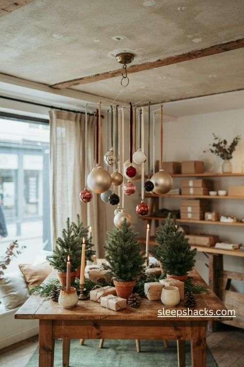 Christmas boutique ornaments hanging at different heights above a festive display table