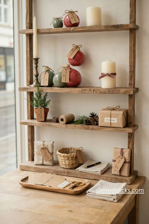 Christmas boutique products with matching kraft paper tags and handwritten labels