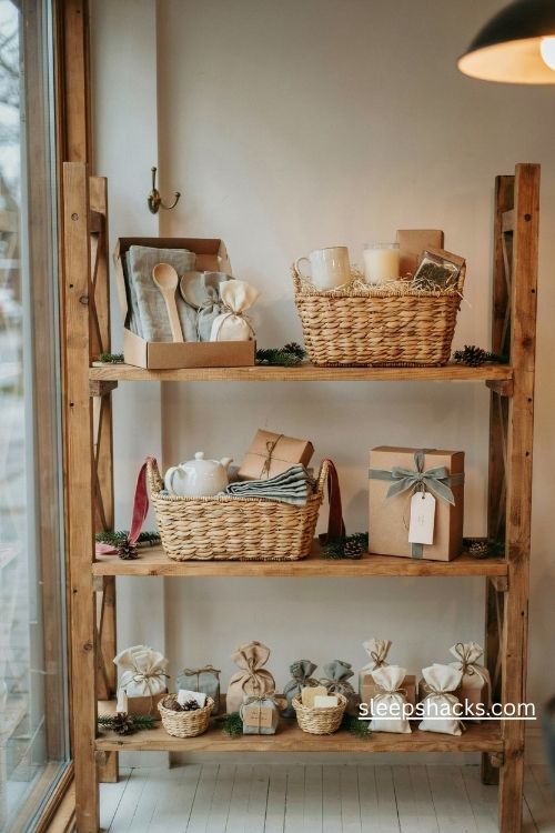 Christmas boutique ready made gift bundles in wicker baskets with cozy holiday gifts