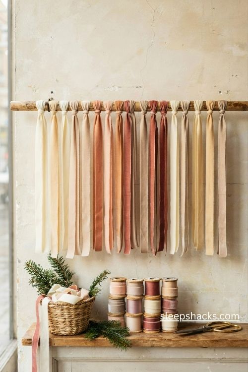 Christmas boutique ribbon wall in soft cream and blush velvet