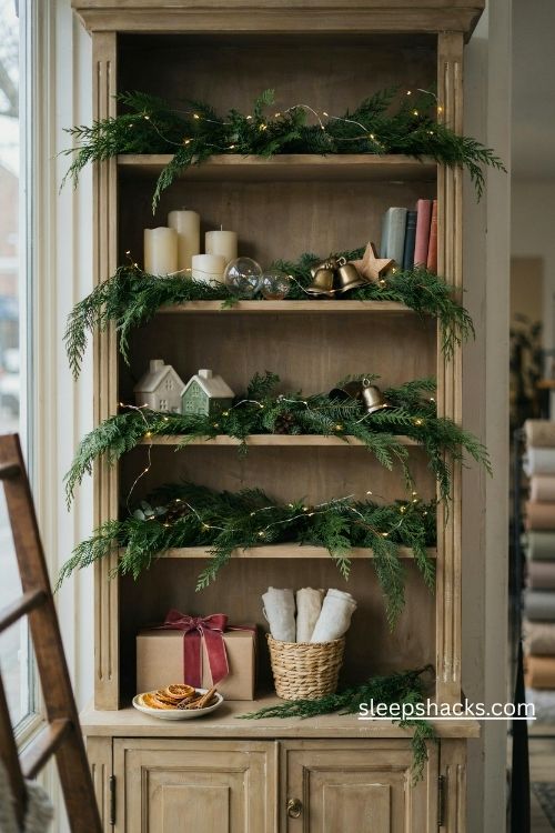 Christmas boutique shelves decorated with natural greenery garland and warm lights