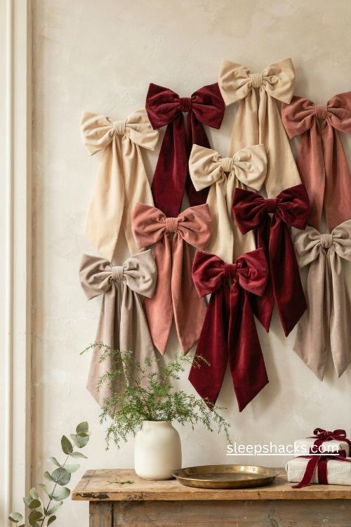 Christmas boutique velvet bow display in burgundy sage and cream
