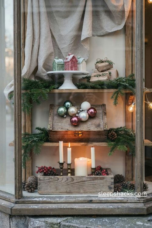 Christmas boutique window display with layered heights and cozy holiday decor