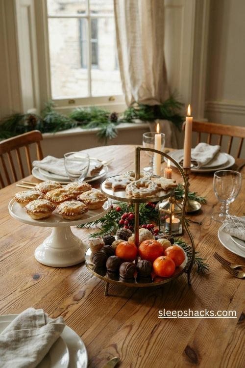 Christmas cake stands and tiered servers filled with mince pies cookies and festive treats
