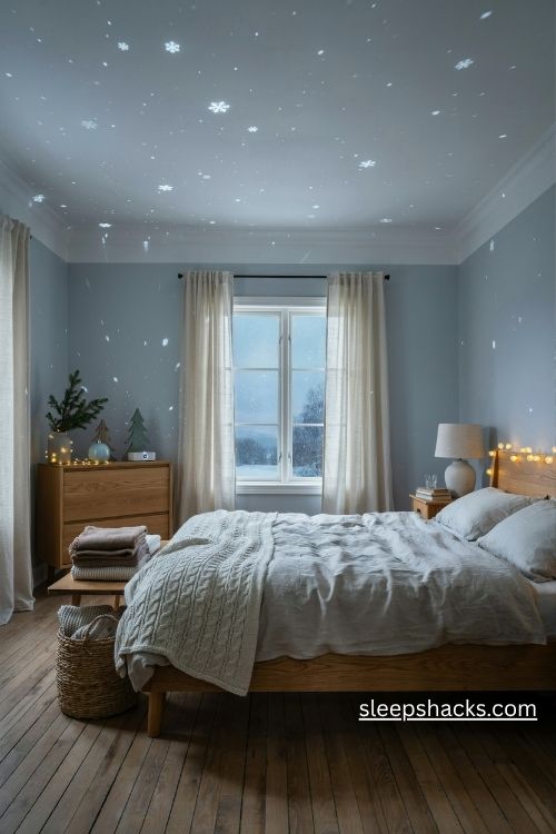 Christmas ceiling projector lights creating a gentle snowfall and starry winter scene in a cozy bedroom