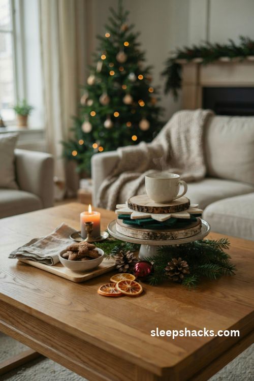Christmas coaster centerpiece on a cake stand with pinecones candles and greenery