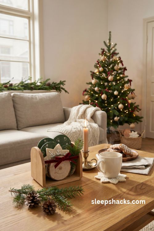 Christmas coaster holder with neatly stacked festive coasters on a cozy coffee table