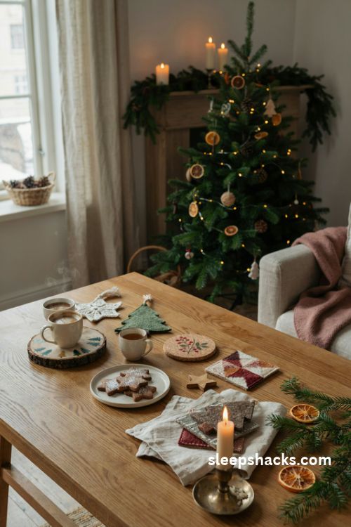 Christmas coasters handmade festive designs on a cozy wooden coffee table