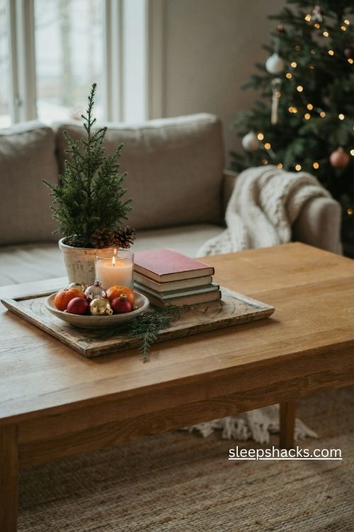 Christmas coffee table decor with a wooden tray mini tree candle and natural seasonal accents