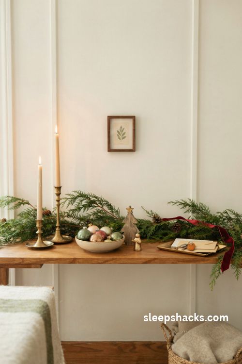 Christmas console table vignette with evergreen garland brass candlesticks ceramic ornaments and a cozy neutral holiday palette
