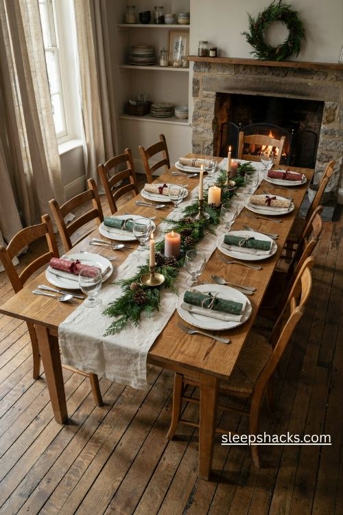 Christmas crackers at each place setting on a cozy festive dinner table