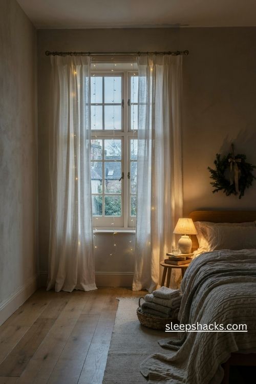 Christmas curtain lights behind sheer white bedroom curtains creating a warm glowing window