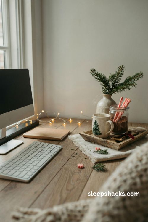 Christmas desk cocoa station with a festive ceramic mug peppermint sticks and a rustic wooden tray