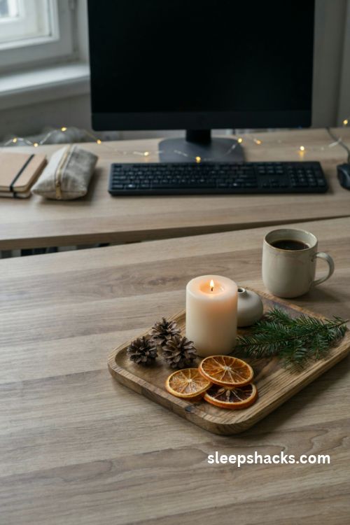 Christmas desk decor with a flameless candle pinecones dried orange slices and a cozy scent diffuser