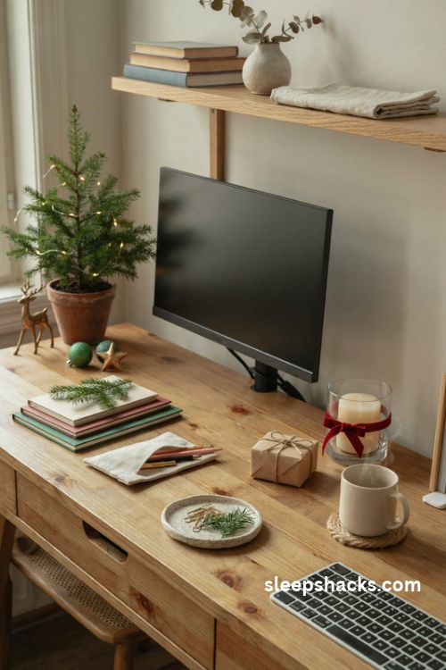 Christmas desk decorations with a cozy evergreen tree warm fairy lights and simple festive office accents
