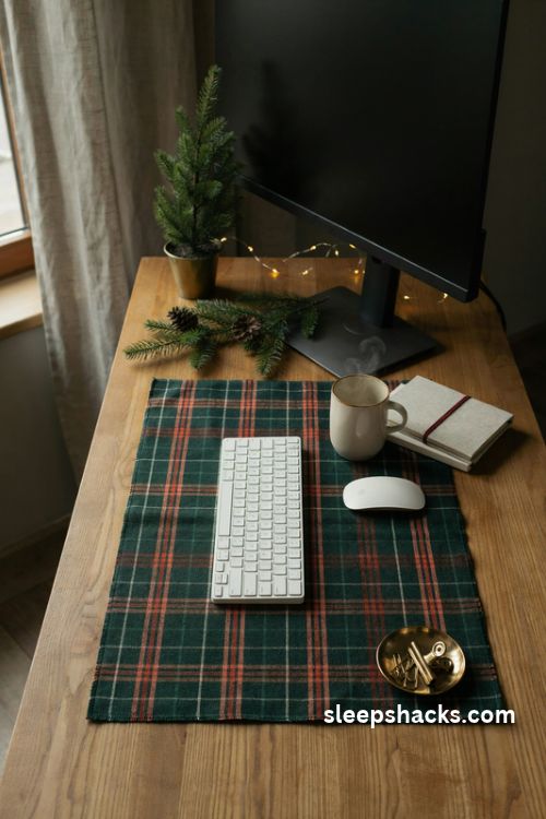 Christmas desk mat in forest green and cranberry plaid with simple festive home office decorations