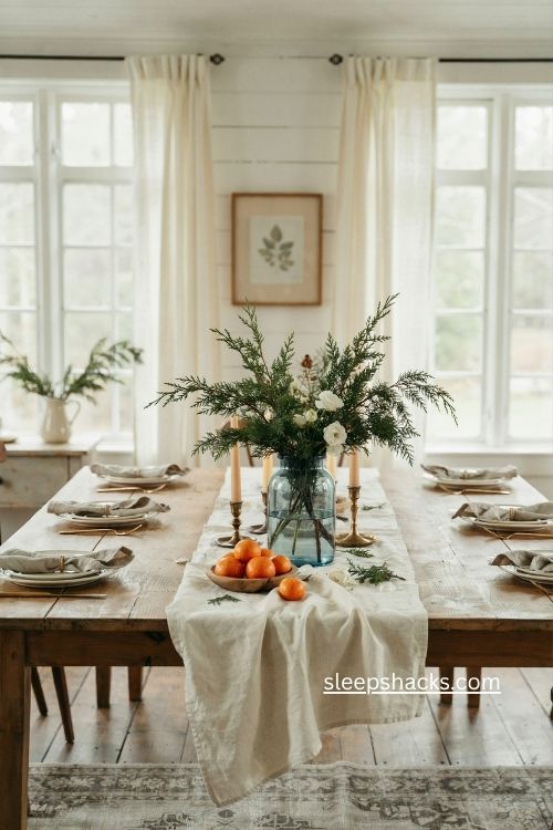 Christmas dining room with winter greenery white roses and weathered blue vase