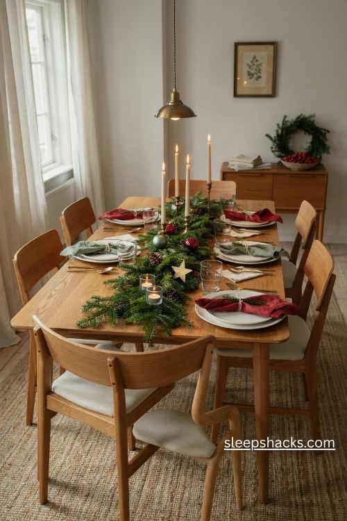 Christmas dining table centerpiece with low pine garland candles red linen napkins and simple white plates
