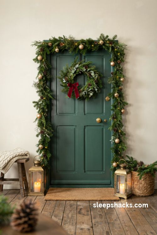 Christmas door and wreath photo backdrop with evergreen garland and glowing lanterns