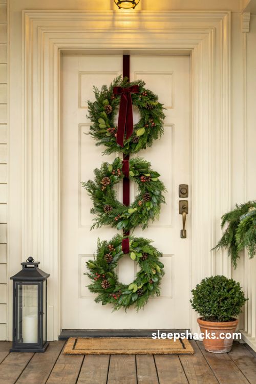 Christmas door decor ideas with three vertical evergreen wreaths and a burgundy velvet ribbon