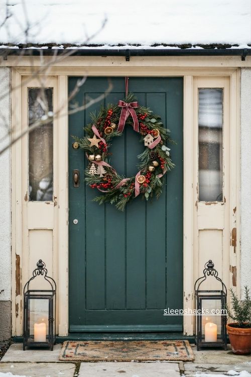 Christmas door hanger ideas with rustic greenery ribbon and berries