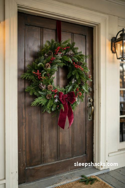 Christmas door wreath ideas with lush evergreen branches red berries and a velvet ribbon bow