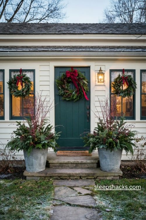 Christmas evergreen planters with red ribbons and matching wreaths at a cozy farmhouse entrance