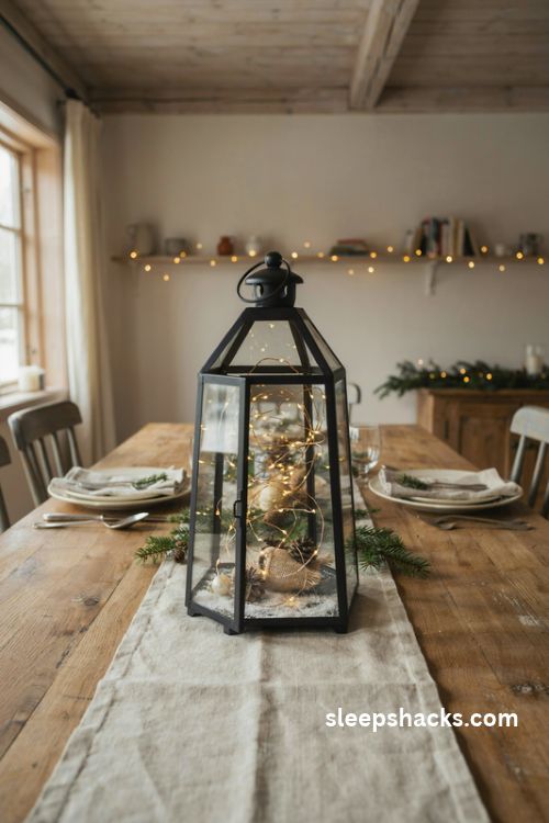 Christmas fairy light lantern centerpiece with warm white lights faux snow and rustic greenery