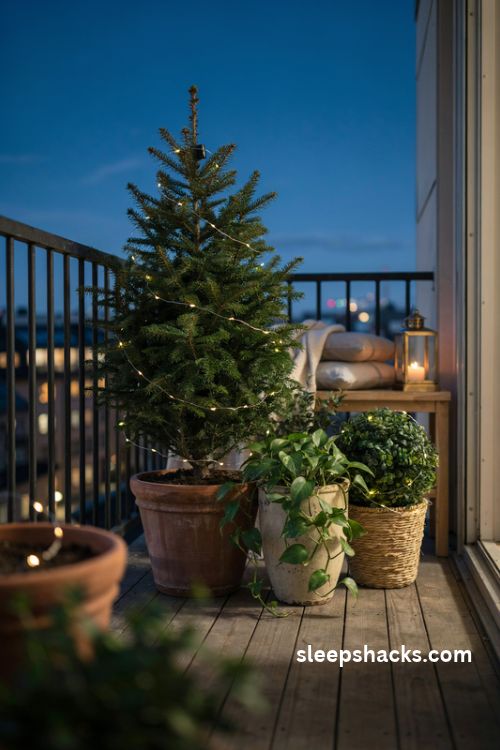 Christmas fairy lights woven through potted balcony plants
