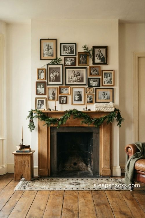 Christmas family photo gallery wall with timeless black and natural wood frames evergreen garland and nostalgic holiday memories
