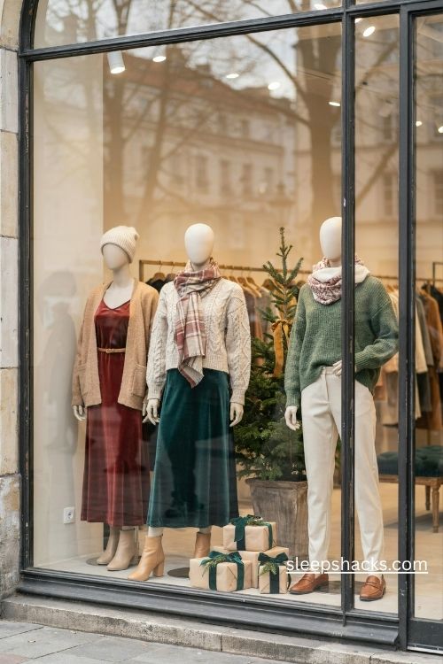 Christmas fashion storefront display with mannequins in velvet dresses cozy knitwear plaid scarves and evergreen decorations