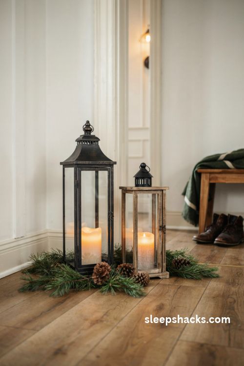 Christmas floor lantern decor with glowing LED pillar candles pinecones and evergreen sprigs in a cozy entryway