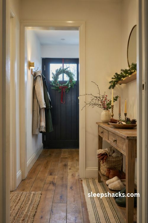 Christmas foyer decor ideas with a festive wreath natural greenery warm lights and a space saving entryway console