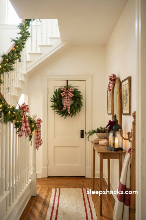 Christmas foyer decor with red plaid ribbon bows on an evergreen wreath staircase garland mirror and lanterns