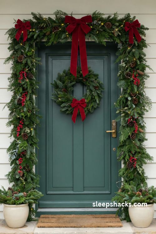 Christmas front door garland frame ideas with warm lights red bows pinecones and evergreen greenery