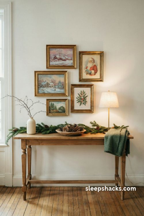 Christmas gallery wall with vintage Santa prints winter landscapes and gold frames above a festive entryway console